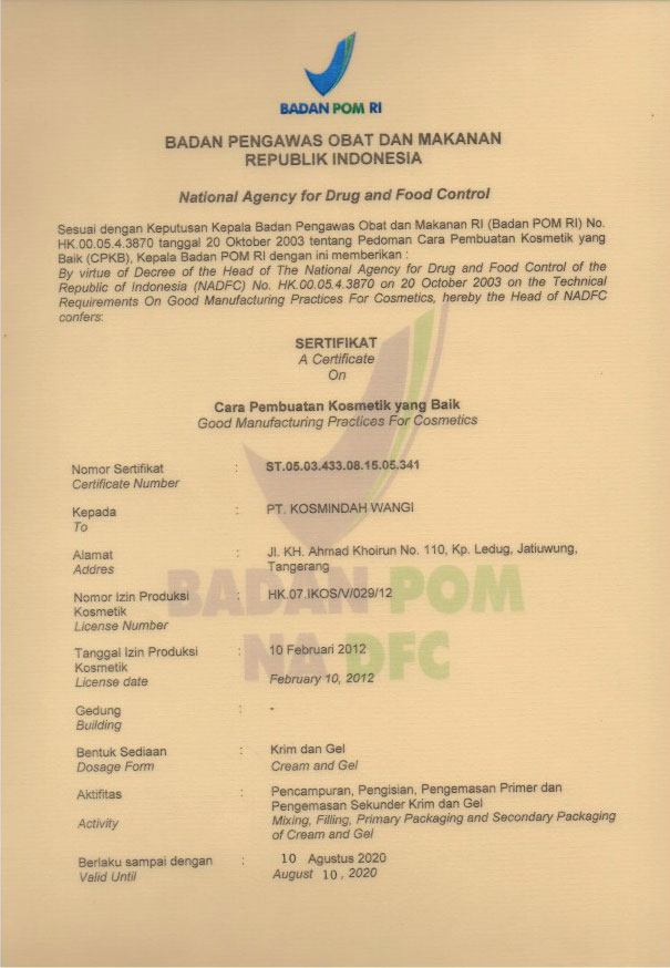 Sertifikat resmi Good Personal Care nomor 1